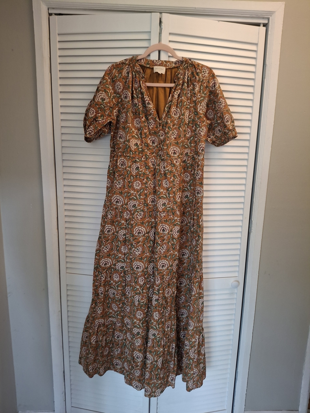 Sezane Rust Floral Maxi Dress with Green Accents
